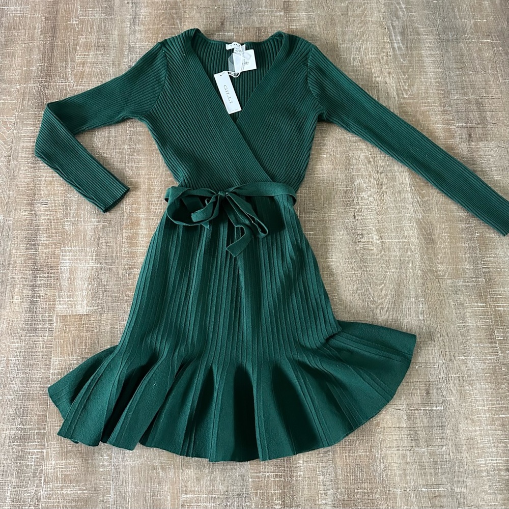 Gilli Forest Green Ribbed Wrap Dress with Tie Waist